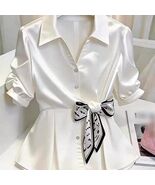Women White Silk Smooth Blouse Top Luxury Casual Work V Neck Half Sleeve... - $35.65