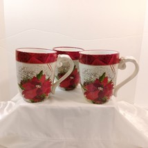 3- Cracker Barrel Season of Peace Poinsettia Holiday Coffee Mugs by: L. Siebert - £32.85 GBP