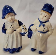 Dutch Boy Girl Salt Pepper Ceramic Vtg Blue Wht Japan Crazed FREE SHIP 3.5” - £9.30 GBP