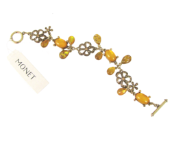 NWT Monet Amber Brown Bracelet Flower Rhinestone Dangle Charm Gold Tone - £13.13 GBP