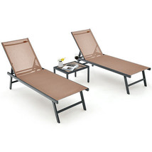 3 Pieces Patio Chaise Lounge Chair and Table Set for Poolside Yard-Brown... - $266.69