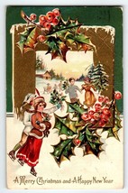 Christmas Postcard Children Ice Skating Women Men Muff Hand Warmer 1910 Embossed - £8.54 GBP