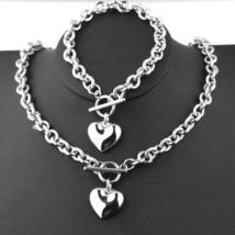 1 Set Women Stainless Steel Chain Heart Toggle Bracelet Necklace Jewelry Set - £16.73 GBP