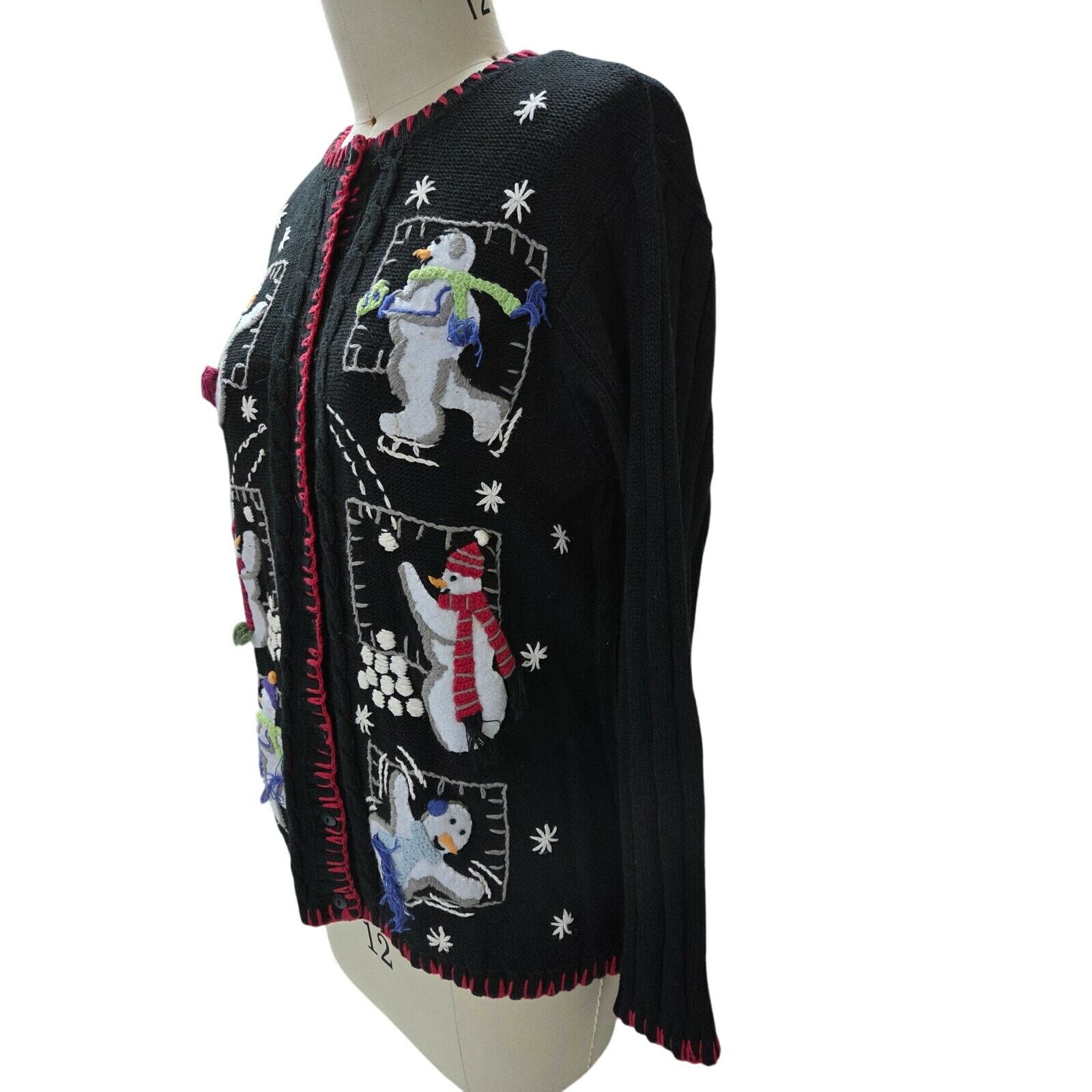VTG 90S Quacker Factory Black 3D Red Trim Snowman Winter Cardigan Holiday L Item image 5