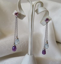 14K White Gold Briolette Aquamarine Amethyst Pink Sapphire Dangle Earrings~1.5&quot; - £189.00 GBP