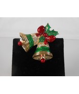 ROMAN Christmas Bell Pin Brooch  Gold Tone Crystal Red Green Enamel BELLS - $119.97 MXN