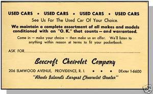 BEECROFT CHEVROLET POSTCARD,Providence, Rhode Island/RI - $9.00