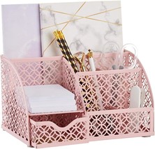 Annova Mesh Desk Organizer Office With 7 Compartments + Drawer/Desk, Light Pink - $41.99