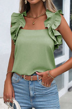 Smoke Green Solid Ruffle Trim Sleeveless Top - £14.56 GBP