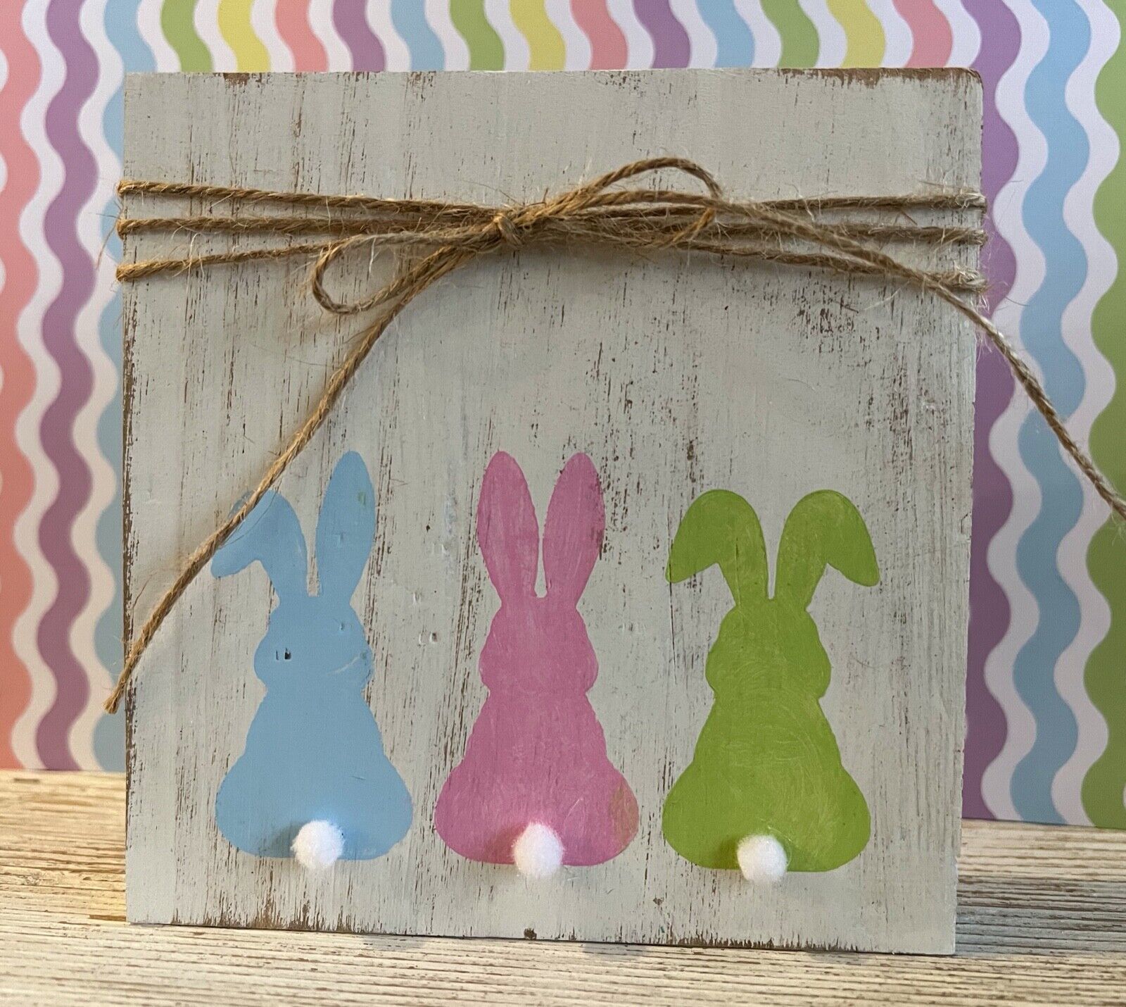 Primary image for 1 Pcs Three Bunny Square Tiered Tray Rustic Wood With Mini Sign #MNHS