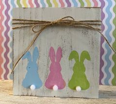 1 Pcs Three Bunny Square Tiered Tray Rustic Wood With Mini Sign #MNHS - £10.93 GBP