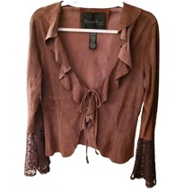 Morton &amp; Rossi Brown Suede Ruffled Jacket Lace Bell Sleeves Size Medium - £116.47 GBP