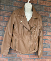 Faux Leather Bomber Jacket Medium Coffee Brown Lined Coat Zippers Collar... - £11.21 GBP