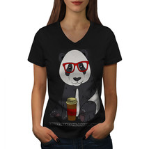 Wellcoda Coffee Happy Panda Womens V-Neck T-shirt, Hippie Graphic Design Tee - £16.02 GBP