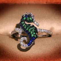 3.0Ct Round Cut Lab Created Emerald Seahorse Engagement Ring 925 Sterling Silver - £96.41 GBP
