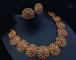 Indian Gold Plated Bollywood Style Temple Choker Necklace Flower Jewelry Set - £22.41 GBP