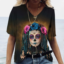 Dia de los muertos skull gothic steampunk Women&#39;s T Shirt Tops V Neck Ca... - £7.85 GBP