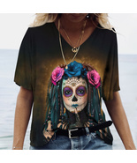 Dia de los muertos skull gothic steampunk Women&#39;s T Shirt Tops V Neck Ca... - £7.96 GBP