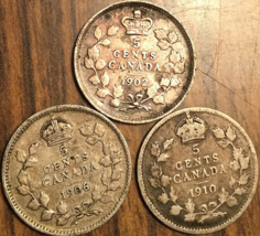 1902 1906 1910 Lot Of 3 Canada Silver 5 Cents Coins - £10.10 GBP