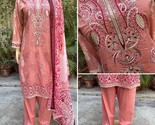 Pakistani Tea Pink Printed Straight Shirt 3-PCS Lawn Suit / Threadwork ,S - £43.42 GBP