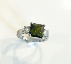 Genuine Sterling Silver Tourmaline Ring Cubic Zirconias Green Size 6.75 - £16.03 GBP