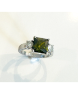 Genuine Sterling Silver Tourmaline Ring Cubic Zirconias Green Size 6.75 - £15.69 GBP
