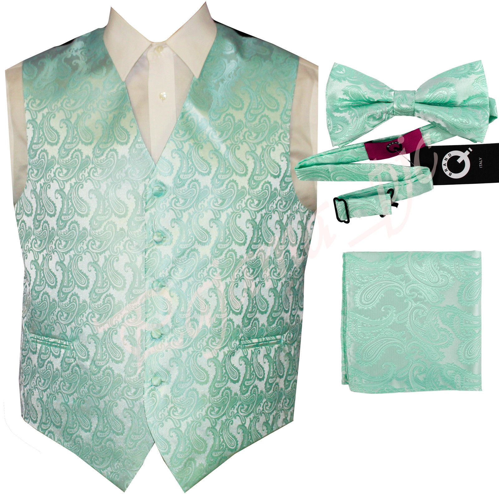 Aqua Green  XS to 6XL Paisley Tuxedo Suit Dress Vest Waistcoat & Bow tie Hanky  - £19.46 GBP - £23.44 GBP