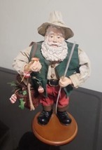 Fishing Santa Claus With Fishing Pole &amp; Basket Vintage 11&quot; Figurine Fabric Mache - £15.10 GBP