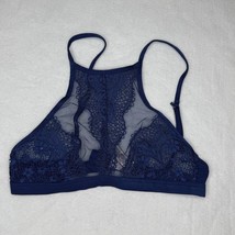 Victoria’s Secret XS High Neck Lace Bralette Sheer Mesh Bra Navy Blue St... - $25.00