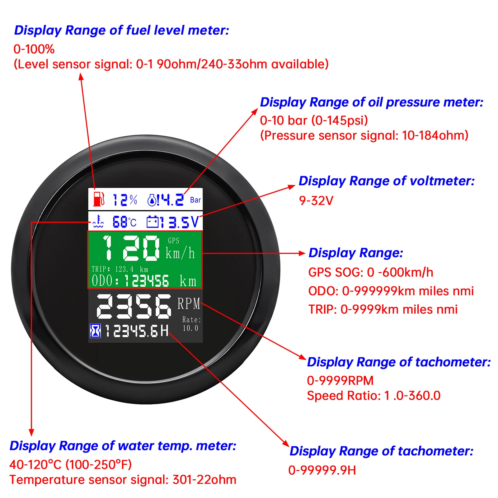 Universal 85mm 6 in 1 Multi-functional Digital Gauge GPS Speedometer Fuel Level - £74.14 GBP+