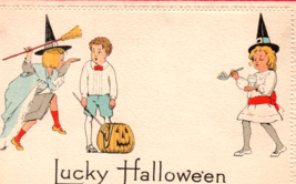 Halloween Postcard Children Girls Witch Hat JOL Pumpkin Broom Nash 8A Unposted - £50.26 GBP