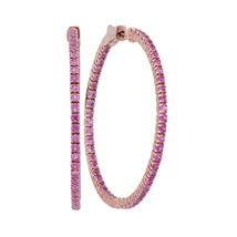 14k Rose Gold Womens Round Pink Sapphire Inside Outside Hoop Earrings 2-7/8 - £1,005.58 GBP