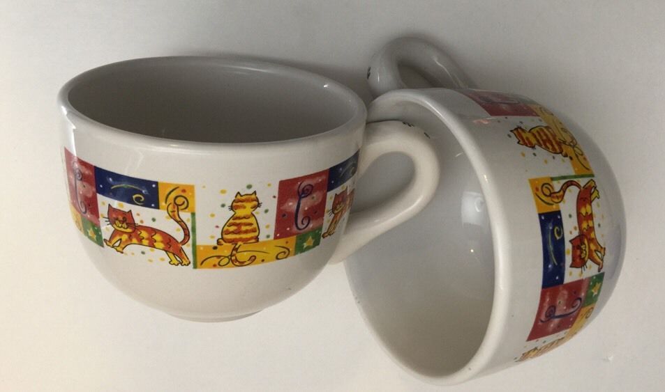 Royal Norfolk Set of 2 Lg. Coffee Mugs Cats Pattern Soup Cereal Ceramic Tea Cup - £23.73 GBP