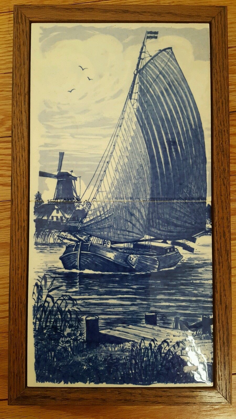 Vintage Dutch Delft Blue Handpainted Windmill Sailboat with oak wood frame 24402 - $29.65