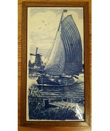 Vintage Dutch Delft Blue Handpainted Windmill Sailboat with oak wood fra... - $29.65