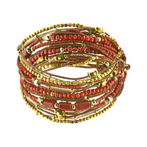 Elaborate Red Agate and Brass Beaded Wrap Leather Bracelet - £20.48 GBP