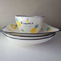 Pineapple Enjoy Life Plate Bowl Dish Set 4 Piece Raise Side Yellow Ceramic Fruit - £14.03 GBP
