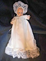 Porcelain Doll Musical Wind-up Tune &quot;Jesus Loves Me&quot; Christening Gown Blue Eyes - £29.46 GBP