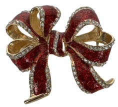Dana Buchman Christmas Red Ribbon Bow Brooch Pin Rhinestone Jewelry Holidays Mom - £13.27 GBP