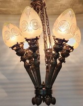 Mashaal Rare Minimalist 6 Lamp Heavy Brass &amp; Star Glass Shade Ceiling Chandelier - $1,311.75