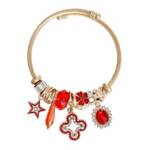 Gold Plated Twisted Cable Star, Red Crystal Halo Charms Bangle Fashion Bracelet - £23.49 GBP