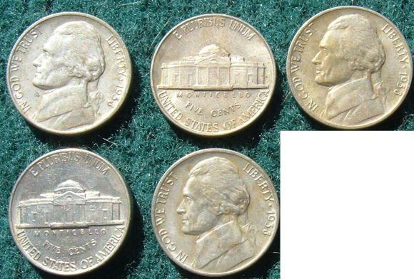 Five 1938 Jefferson Nickels, XF-AU condition - $12.00