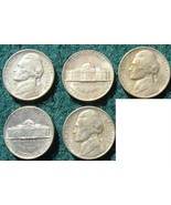 Five 1938 Jefferson Nickels, XF-AU condition - $12.00