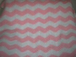 Peach And White Hand Knitted Crochet Afghan Baby Blanket Lap Throw - £12.33 GBP