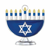 Ksa Silver Plated Menorah w/ENAMEL &amp; Six Europ EAN Crystals Hanukkah Ornament - £10.27 GBP