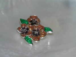 Estate AK Signed Small Brown &amp; Green Enamel Flowers with Clear Rhinestone Center - £7.75 GBP