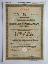 4%-48 Hypothekenpfandbrief der Rheinischen Hypothekenbank Einhundert RM ... - $16.69