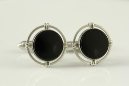 Vintage Men&#39;s Costume Jewelry KREMENTZ Black Glass &amp; Silver Tone CUFF LINKS - £16.42 GBP
