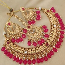 Gold Plated Indian Bollywood Style Kundan Necklace Rani Pink Jewelry Set - £75.65 GBP