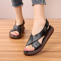 Fashion Summer Vintage Genuine Leather Flat Platform Sandals For Women Hook And  - £43.42 GBP